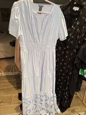 Light Blue Women's Midi Dress with Embroidered Hem